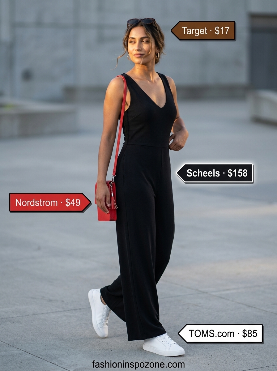 Navy blue bag styled with white sneakers and sunglasses. An accessory for summer wide leg jumpsuit outfits for women 2026.