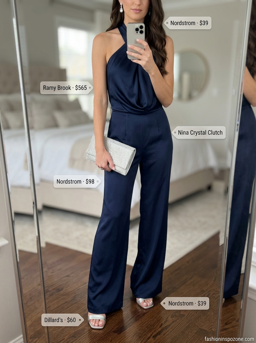 Elegant navy blue silk wide leg jumpsuit for women 2026, perfect for formal summer events and evening galas.