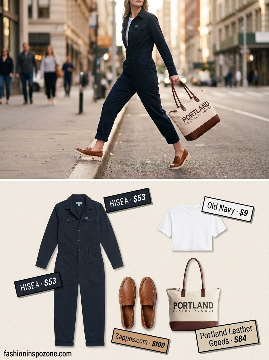 Navy blue utility jumpsuit for women, paired with loafers and canvas tote. Great for summer wide leg jumpsuit outfits for women 2026.