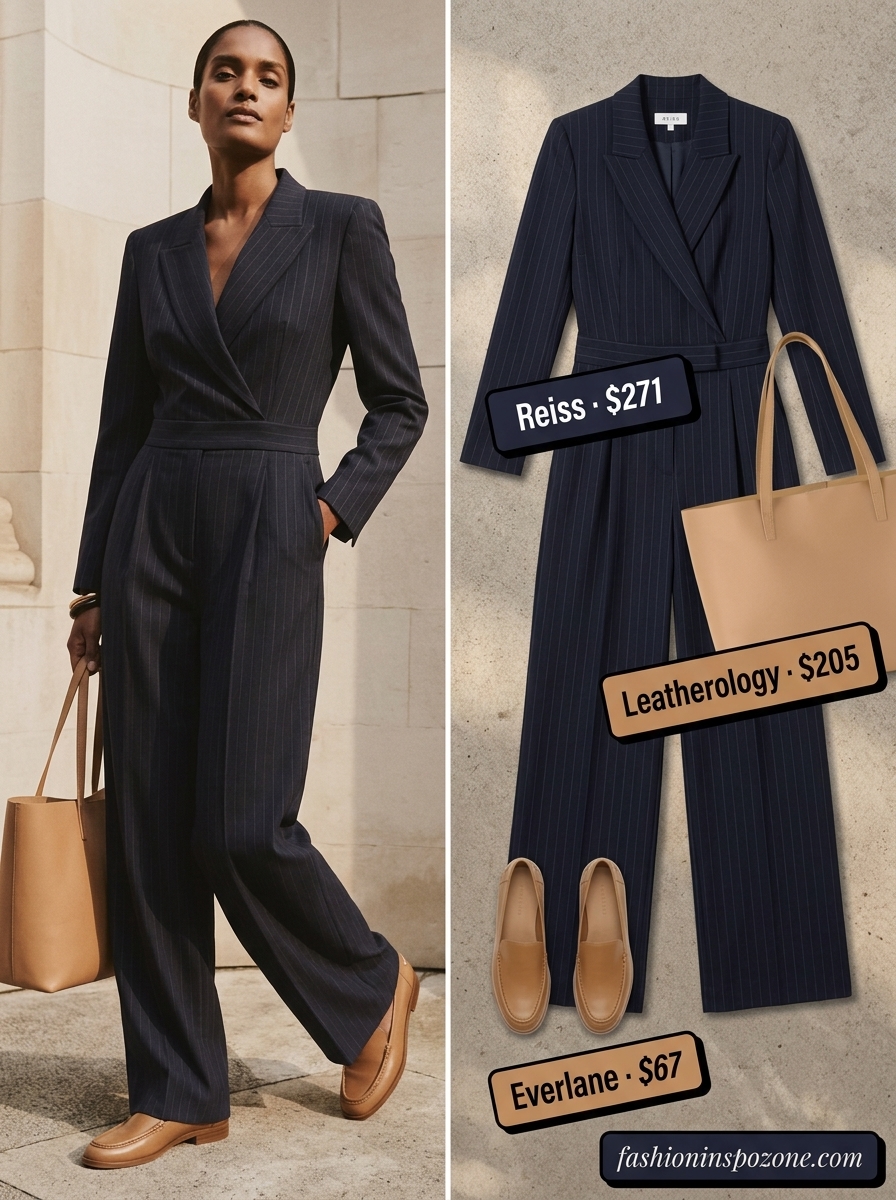 Professional navy blue tailored wide leg jumpsuit for women 2026, perfect for office and business casual.