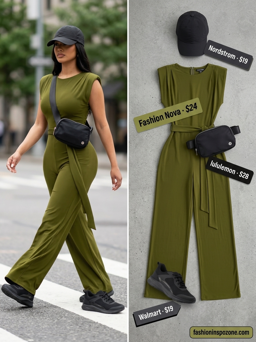 Olive green utility jumpsuit styled casually with sneakers and a baseball cap. A practical option for summer wide leg jumpsuit outfits for women 2026.