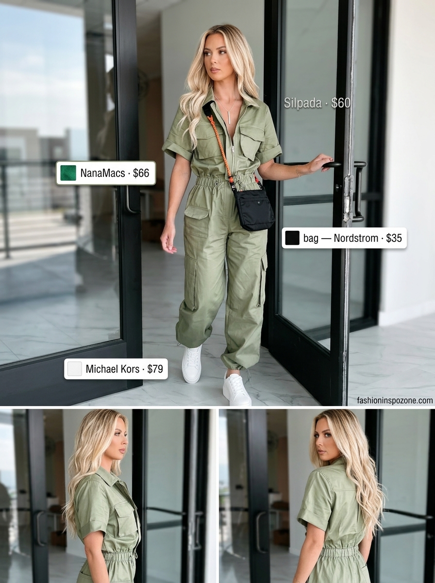 Olive green utility jumpsuit for women, paired with white sneakers and silver necklace. Perfect for summer wide leg jumpsuit outfits for women 2026.