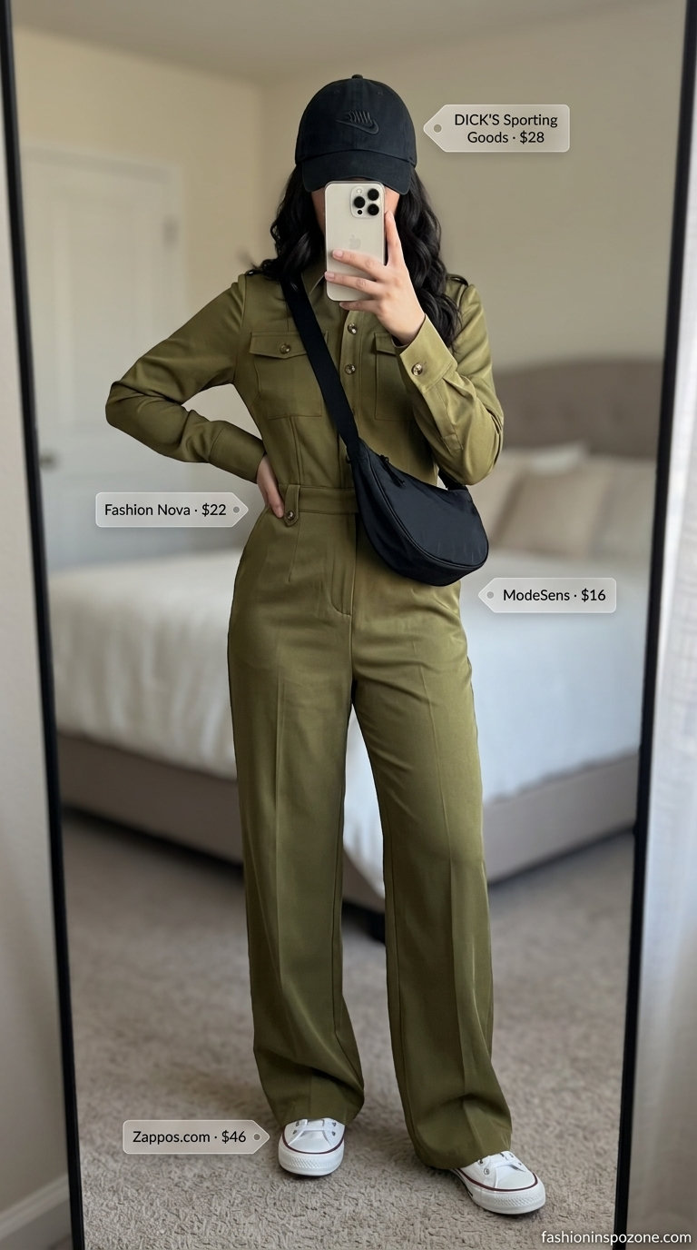Urban summer wide leg jumpsuit outfits for women 2026: Olive utility jumpsuit, white sneakers, crossbody bag.