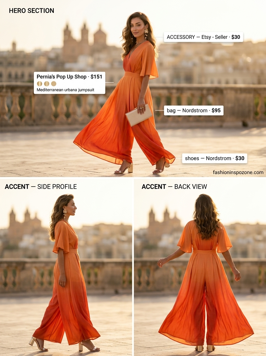 Orange, pink, yellow gradient silk jumpsuit for women, with gold heels and clutch. Stunning summer wide leg jumpsuit outfits for women 2026.