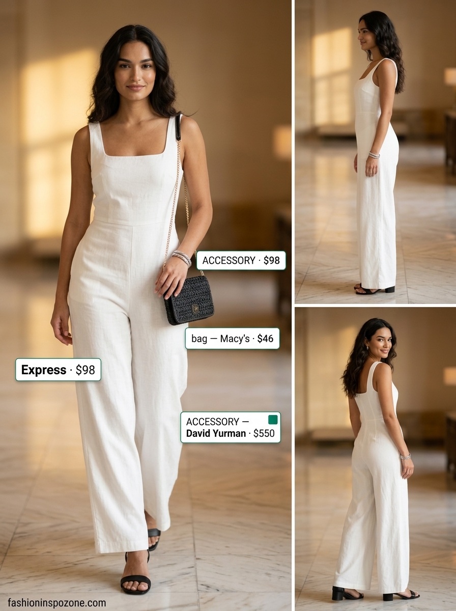 Chic white linen wide leg jumpsuit outfit for women 2026, styled with black sandals and silver accessories for a summer event.