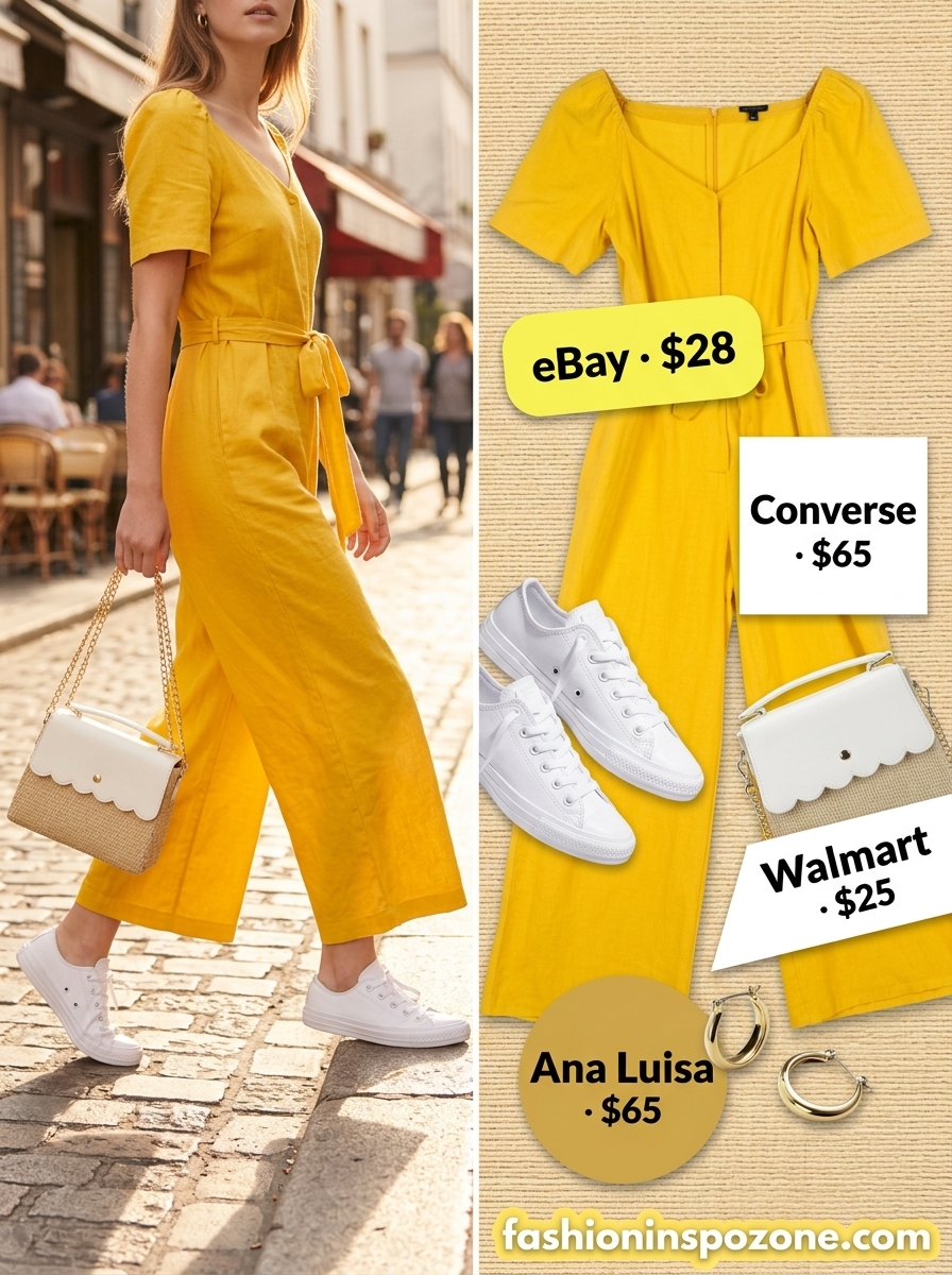 Cheerful summer wide leg jumpsuit outfits for women 2026: Lemon yellow jumpsuit, white sneakers, straw bag.