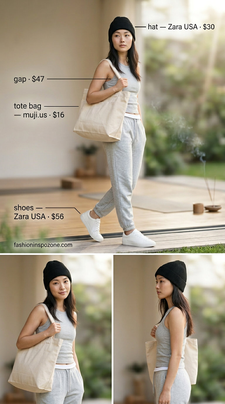 Light grey joggers for summer yoga outfits 2026. Comfortable & cozy recovery style.