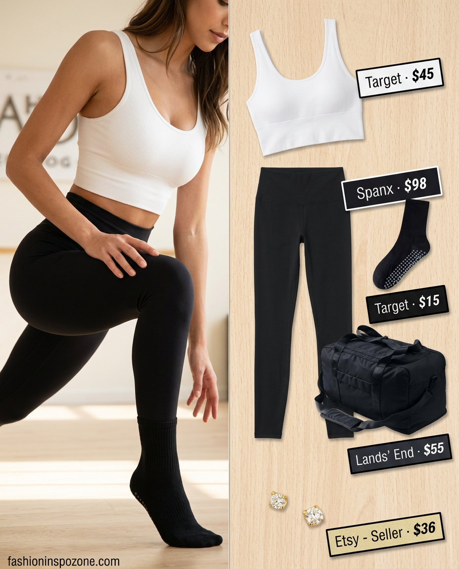 Elegant summer yoga outfits 2026 for barre: black sculpting leggings, white sports bra, and grip socks.