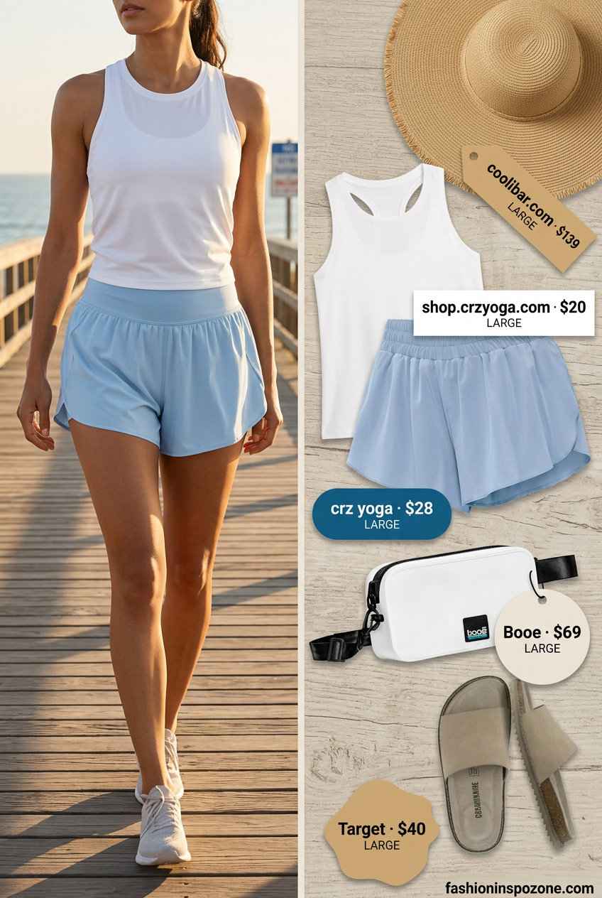 Carefree summer yoga outfits 2026 for beach vinyasa: sky blue shorts, white tank, and straw hat.