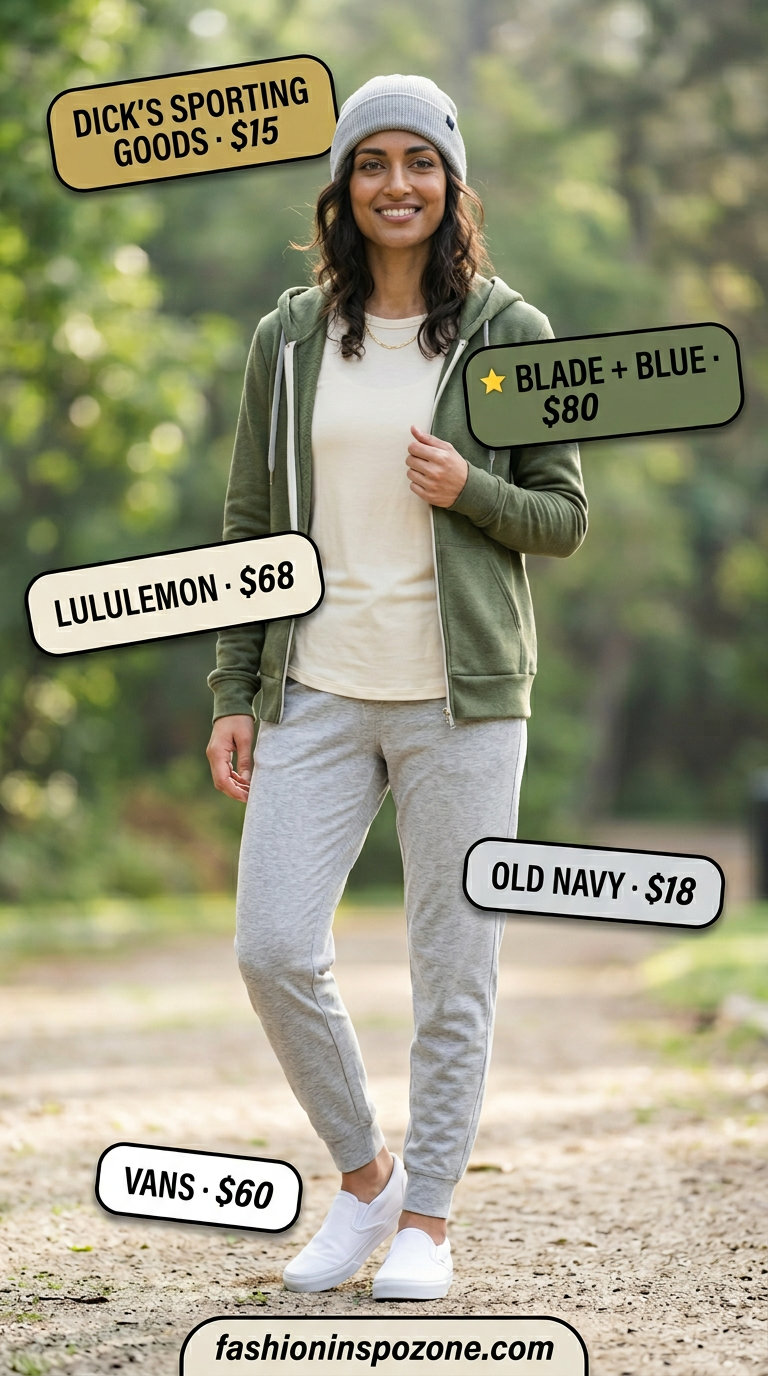 Cozy summer yoga outfits 2026 for cool mornings: olive hoodie, grey joggers, and cream long-sleeve.