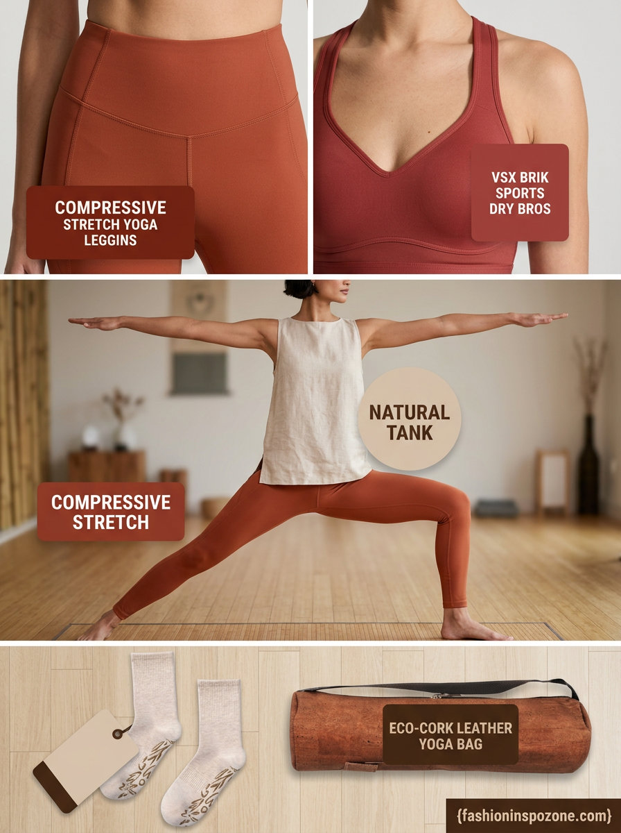 Terracotta high-waisted leggings & brick red sports bra for summer yoga outfits 2026. Power yoga ready.