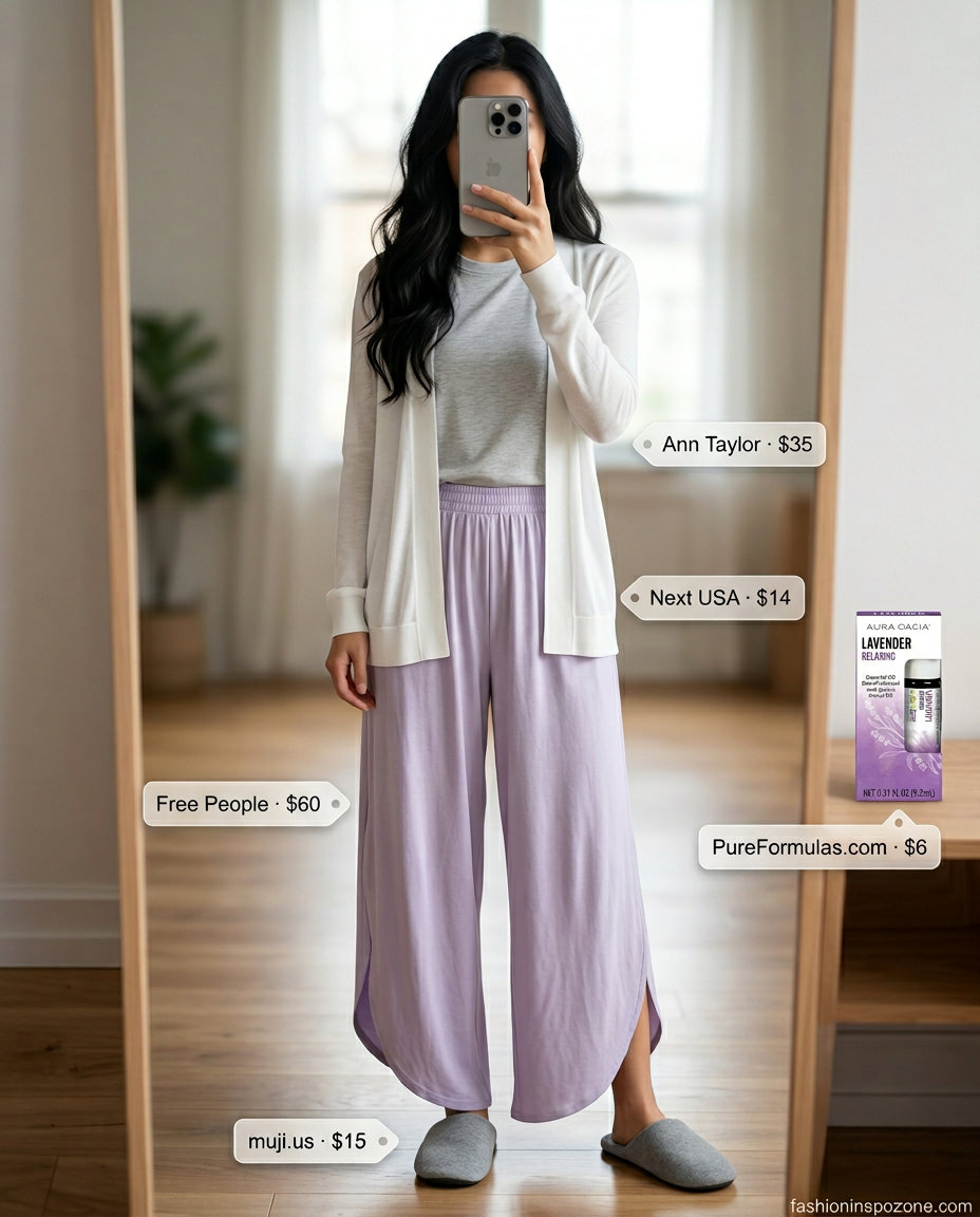 Calm summer yoga outfits 2026 for meditation: lavender pants, grey tee, and white cardigan.