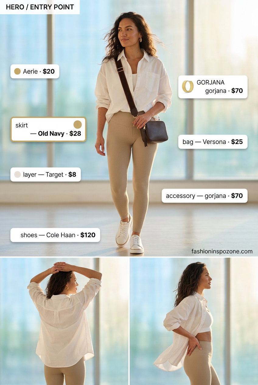 Stylish summer yoga outfits 2026 for post-yoga brunch: white button-down, beige leggings, tank, and sneakers.