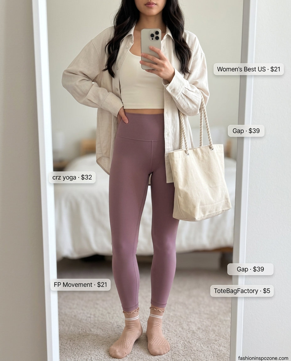 Soft lavender yoga leggings & off-white crop top for summer yoga outfits 2026. Calm & serene style.