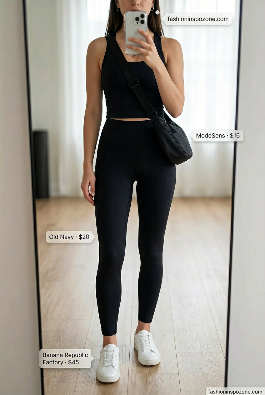 Black seamless compression leggings for summer yoga outfits 2026. Chic & active style.