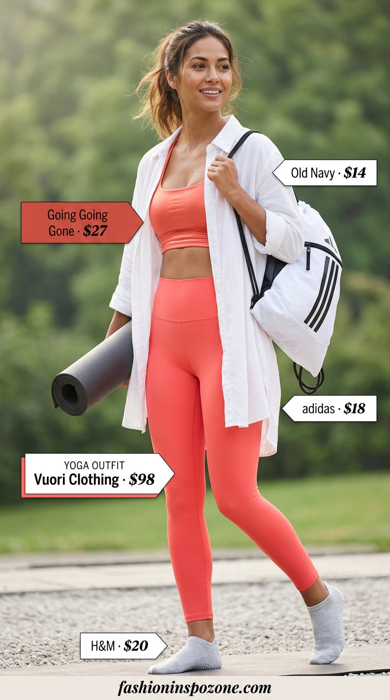Bright coral yoga leggings & white t-shirt for summer yoga outfits 2026. Vibrant & energetic.