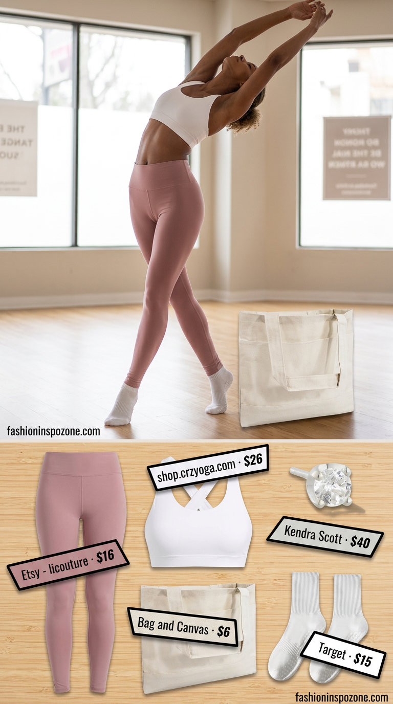 Dusty rose leggings and white sports bra for summer yoga 2026, ideal for studio practice. Serene and comfortable.