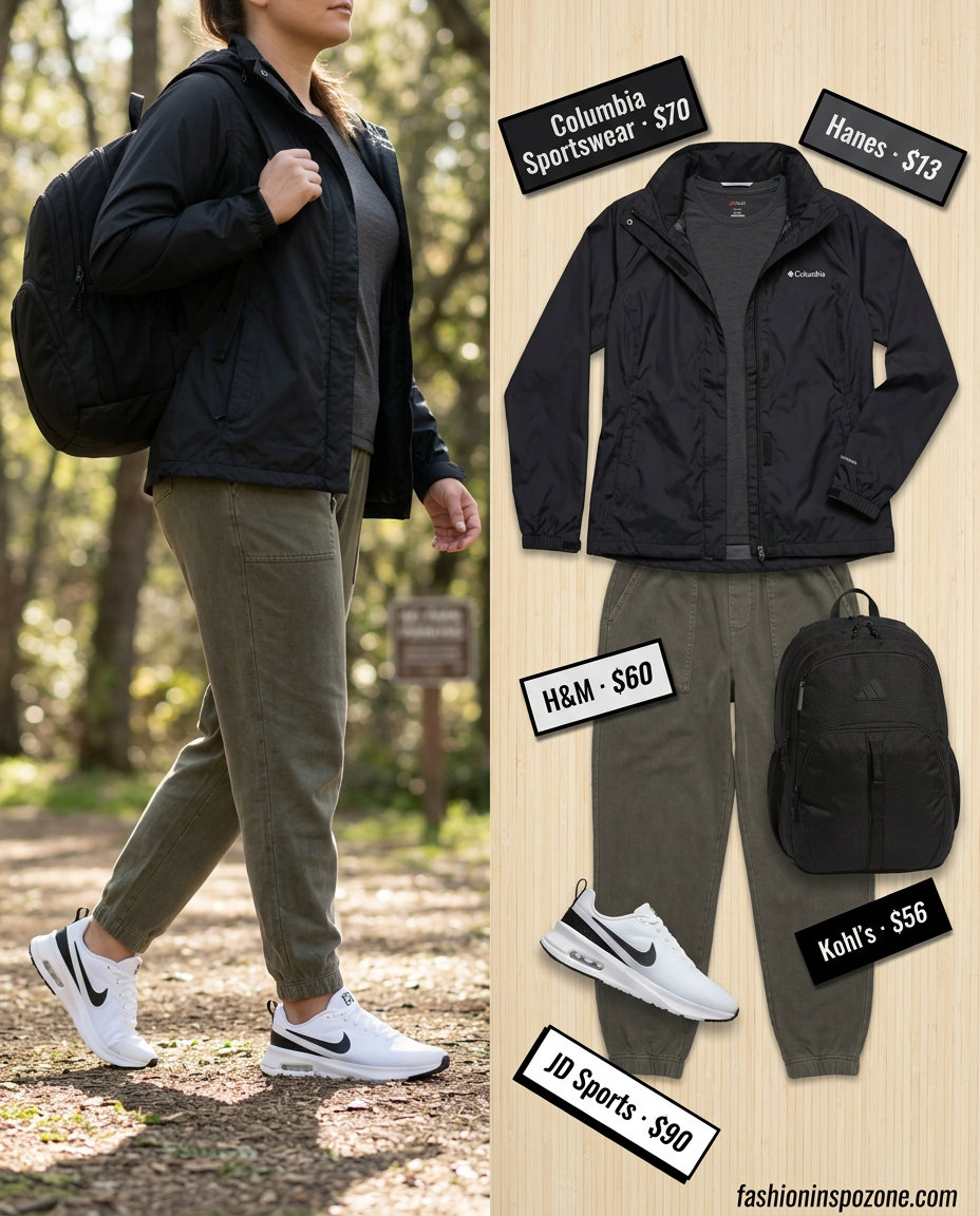 Practical summer yoga outfits 2026 for urban commutes: charcoal joggers, black jacket, and athletic sneakers.