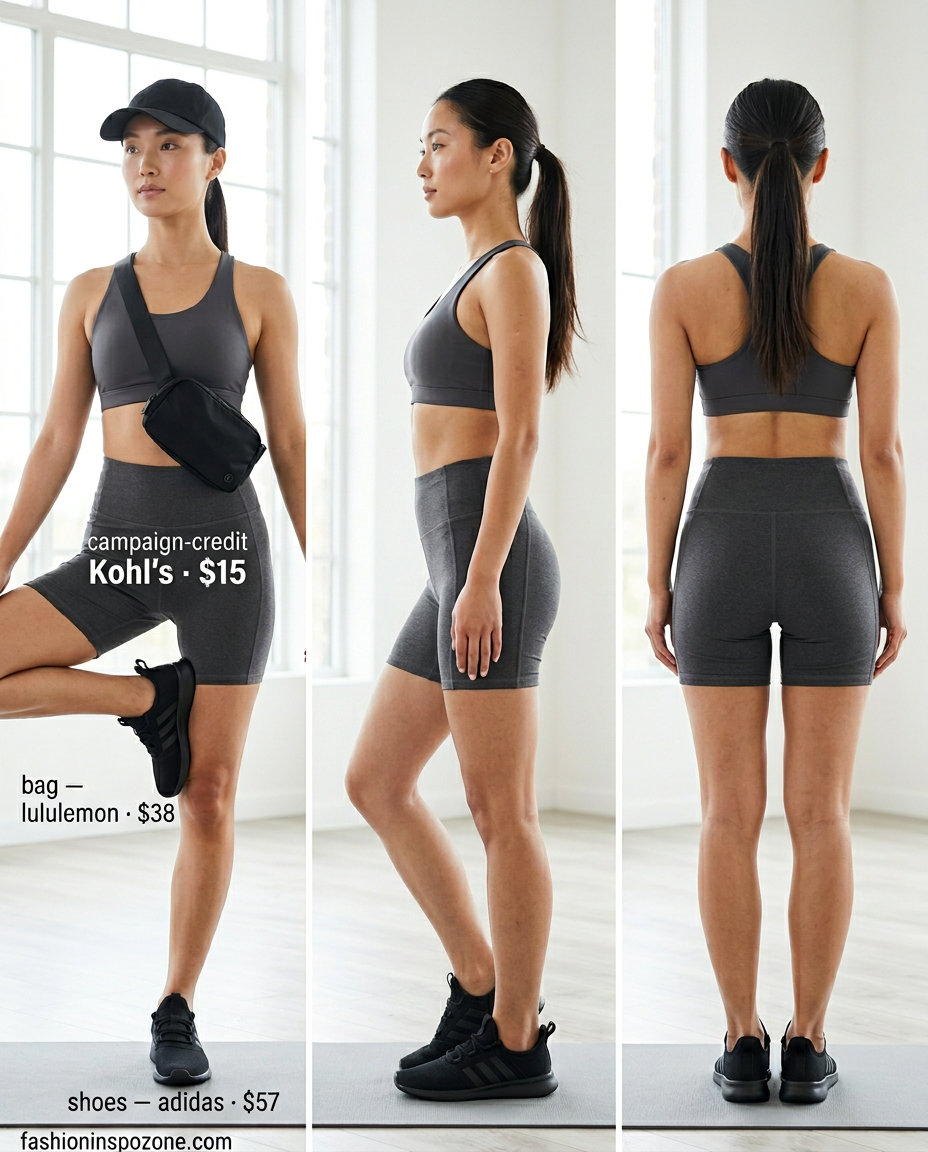 Charcoal grey biker shorts & baseball cap for summer yoga outfits 2026. Sporty & comfortable.