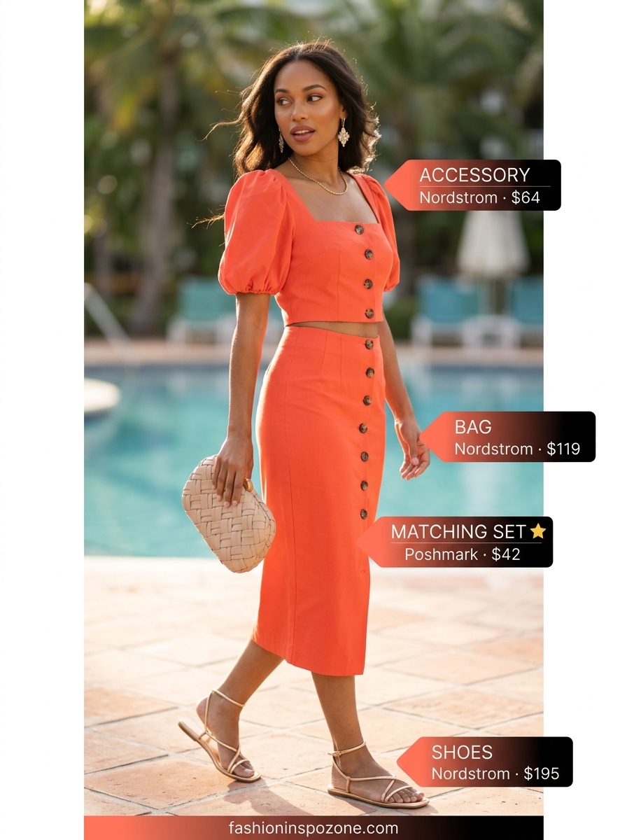 Coral linen matching set with statement gold earrings for best summer outfits for women 2026.