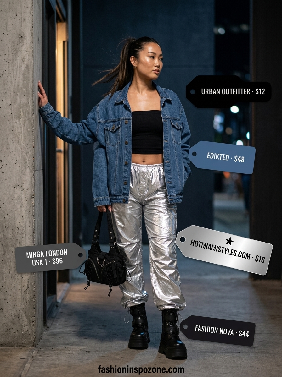 Y2K summer outfits for women 2026: Festival style with silver parachute pants, black bandeau top, and denim jacket.