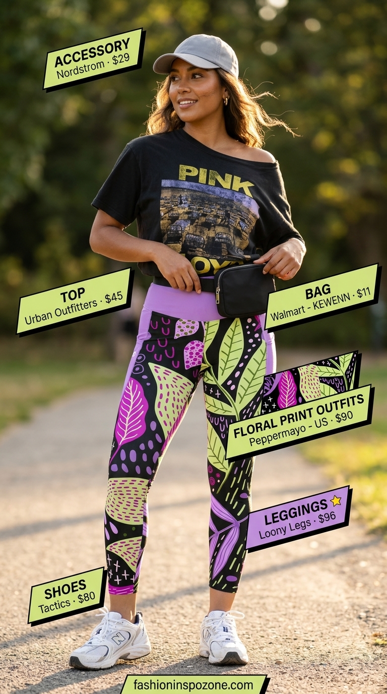 Comfortable purple floral leggings with an oversized graphic tee for casual weekend wear. 20 Summer Floral Print Outfits 2026.