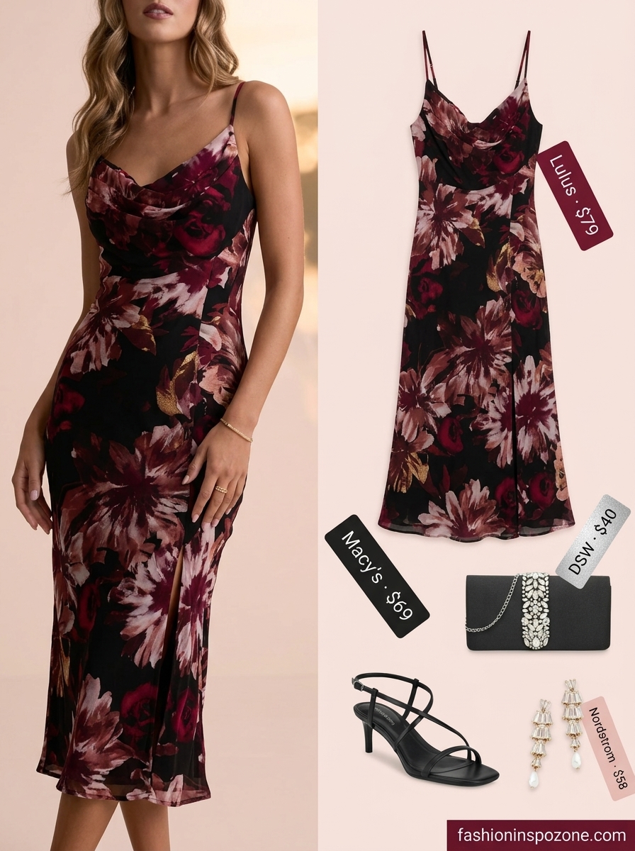 Sophisticated burgundy floral satin slip dress for summer evening events and cocktail parties. 20 Summer Floral Print Outfits 2026.