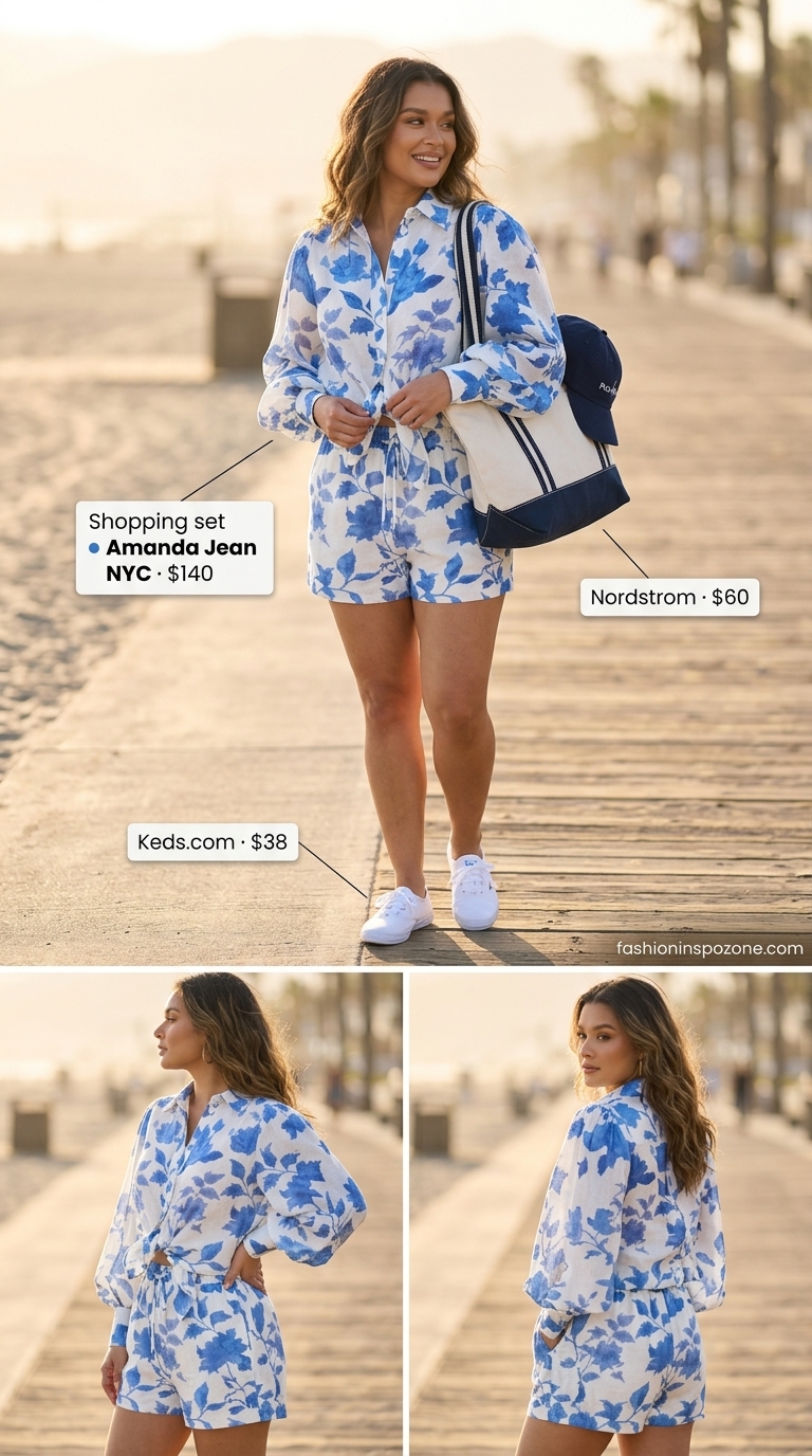 Relaxed blue floral shorts set with matching shirt for casual summer days. 20 Summer Floral Print Outfits 2026.