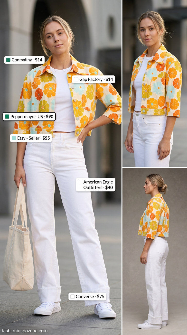 Retro floral print denim jacket with white tee and high-waisted jeans for a casual weekend. 20 Summer Floral Print Outfits 2026.