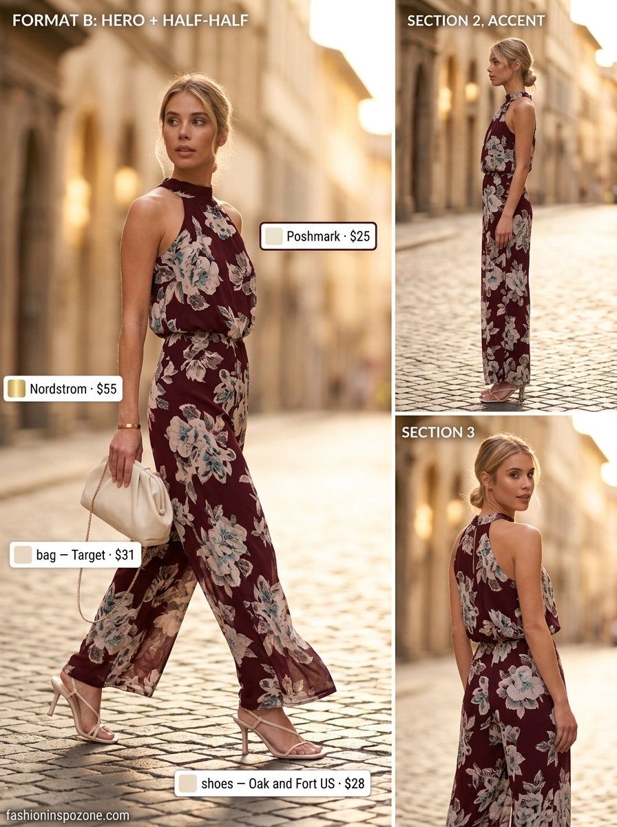 Elegant burgundy floral print jumpsuit for summer evening events, brunch, or date night. 20 Summer Floral Print Outfits 2026.