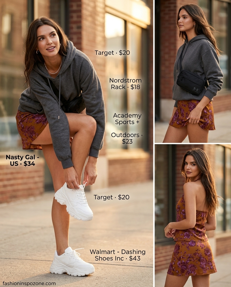 Sporty grey floral mini skirt with an oversized hoodie for casual errands. 20 Summer Floral Print Outfits 2026.