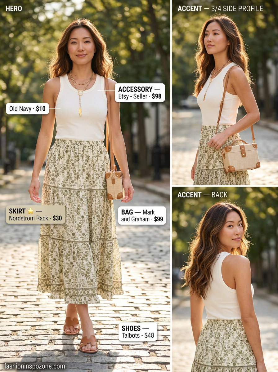 Boho chic floral print maxi skirt with earthy tones for casual summer days, featured in 20 Summer Floral Print Outfits for Women 2026.