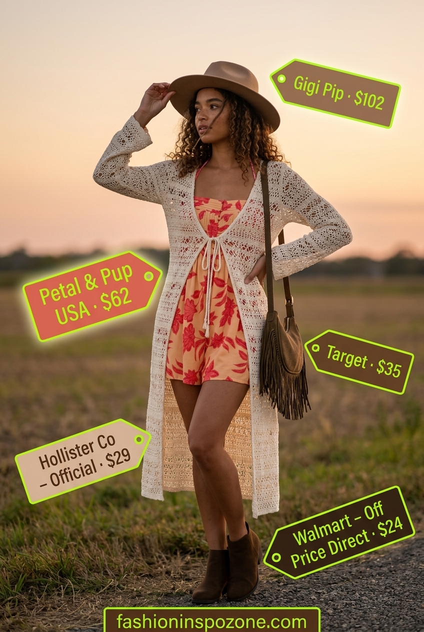 Boho Festival Flair Romper: Red & yellow floral print romper with crochet cardigan. 20 Summer Floral Print Outfits 2026.