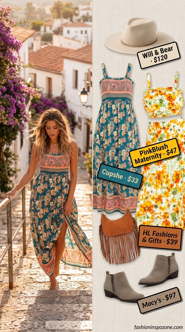 Boho Bloom Skirt Set: Orange & pink floral print crop top & midi skirt with beige suede boots. 20 Summer Floral Print Outfits 2026.