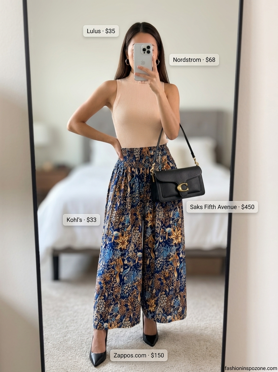 City Bloom Wide-Leg Pants: Navy floral print pants with cream top & black heels. 20 Summer Floral Print Outfits 2026.