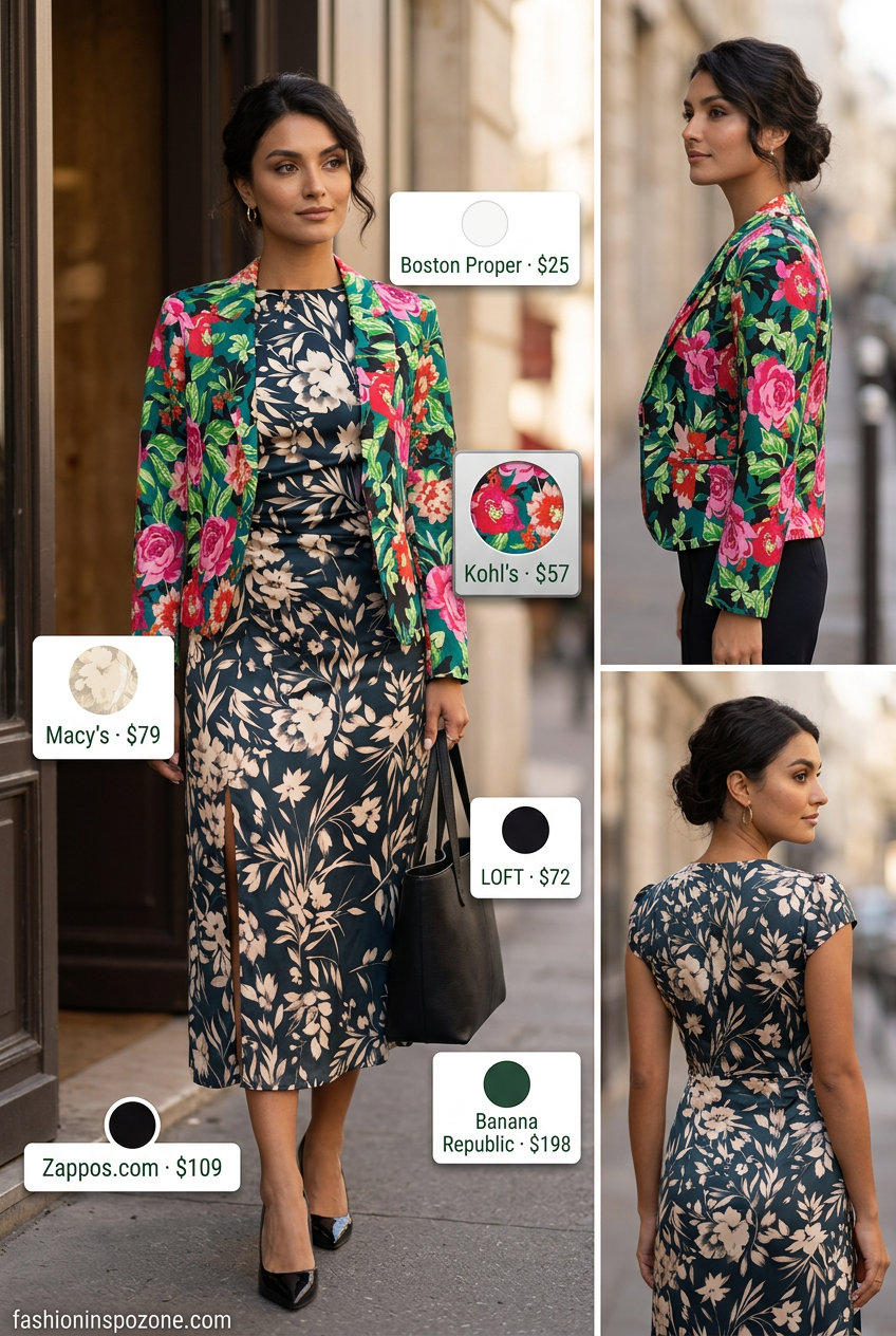 Urban Bloom Blazer Look: Vibrant floral print blazer with black trousers. 20 Summer Floral Print Outfits 2026.