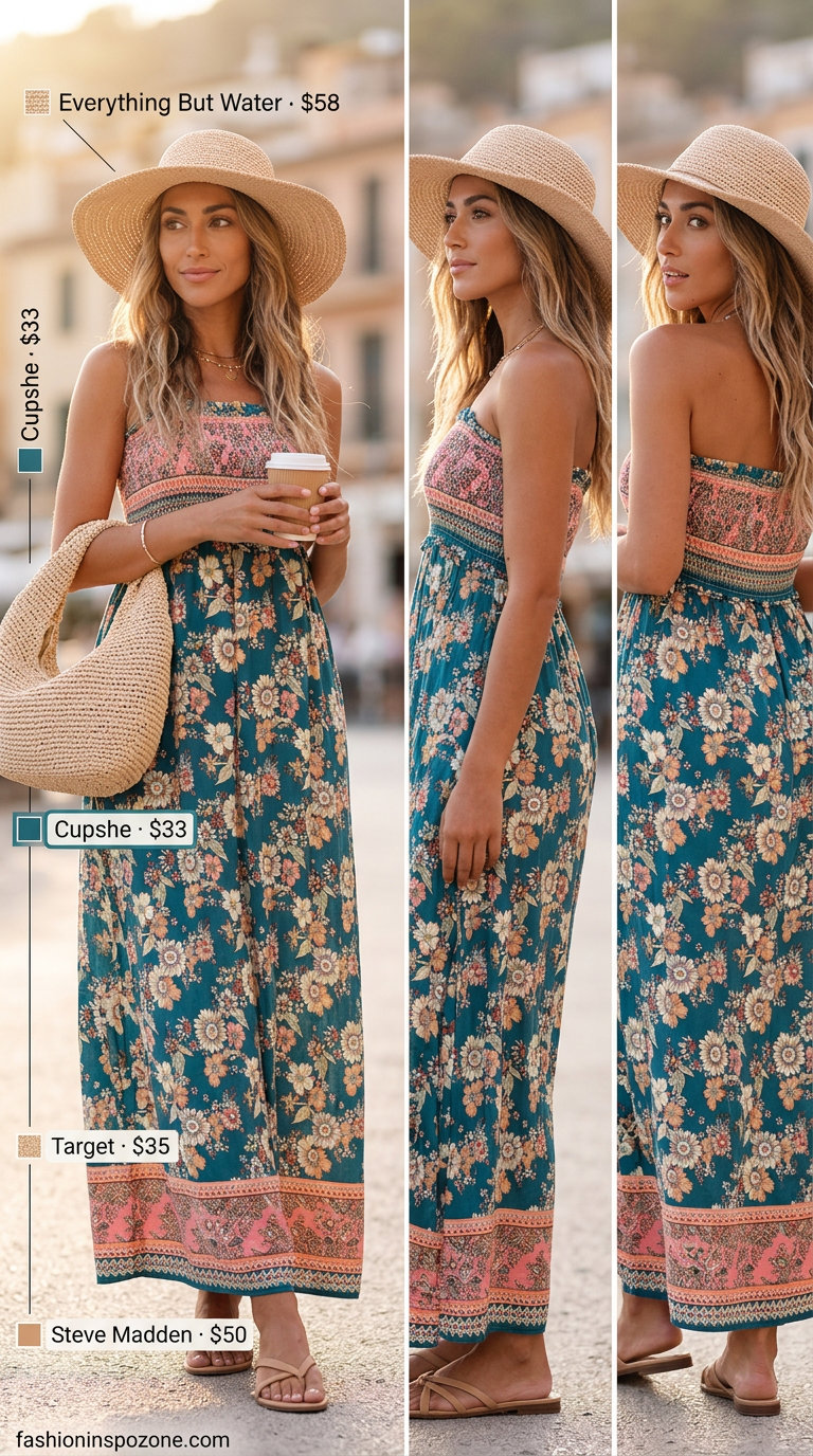 Romantic floral print maxi dress with a straw hat for summer picnics, featured in 20 Summer Floral Print Outfits for Women 2026.