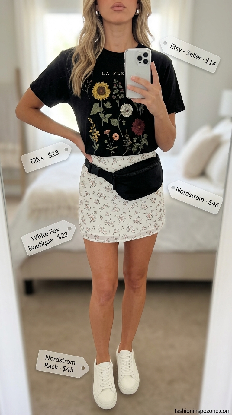 Playful white floral mini skirt with a graphic tee for casual weekend wear, from 20 Summer Floral Print Outfits for Women 2026.