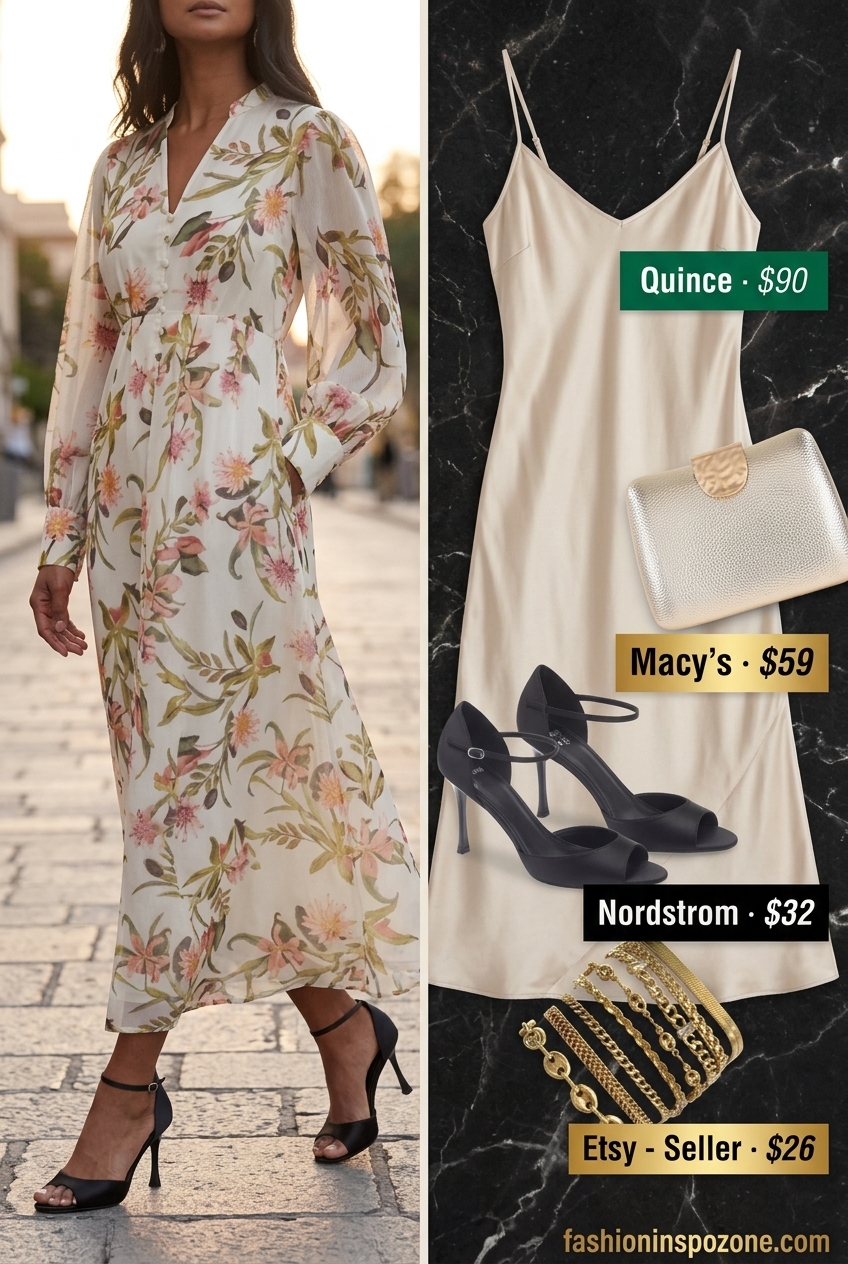 Elegant Floral Slip Dress: Champagne floral print slip dress with black heels. 20 Summer Floral Print Outfits 2026.
