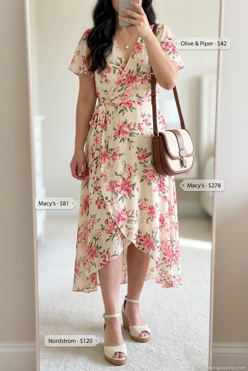 Romantic floral print wrap dress for brunch or dates, a chic option from 20 Summer Floral Print Outfits for Women 2026.