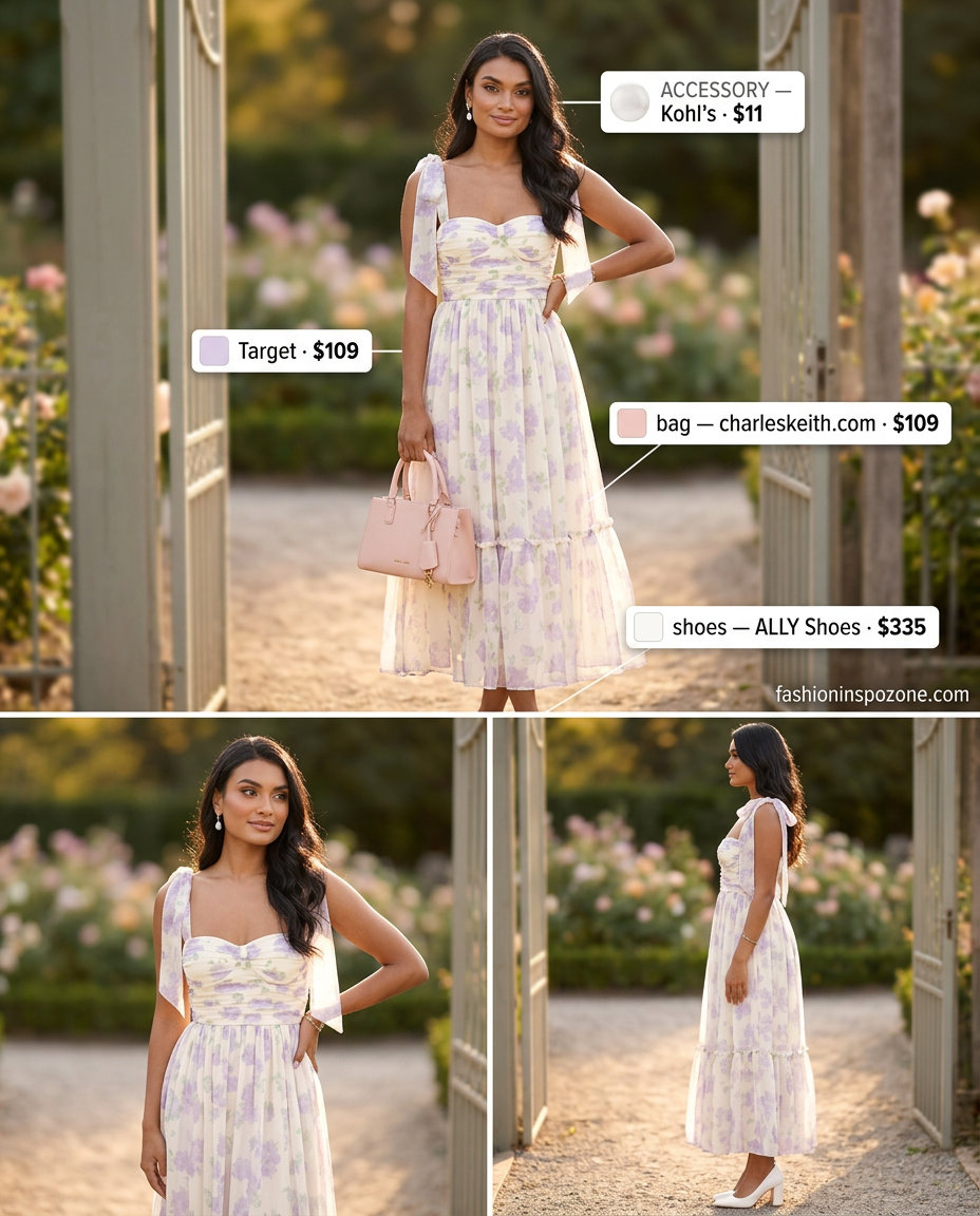 Pastel Garden Party Dress: Lavender floral print midi dress with white pumps. 20 Summer Floral Print Outfits 2026.