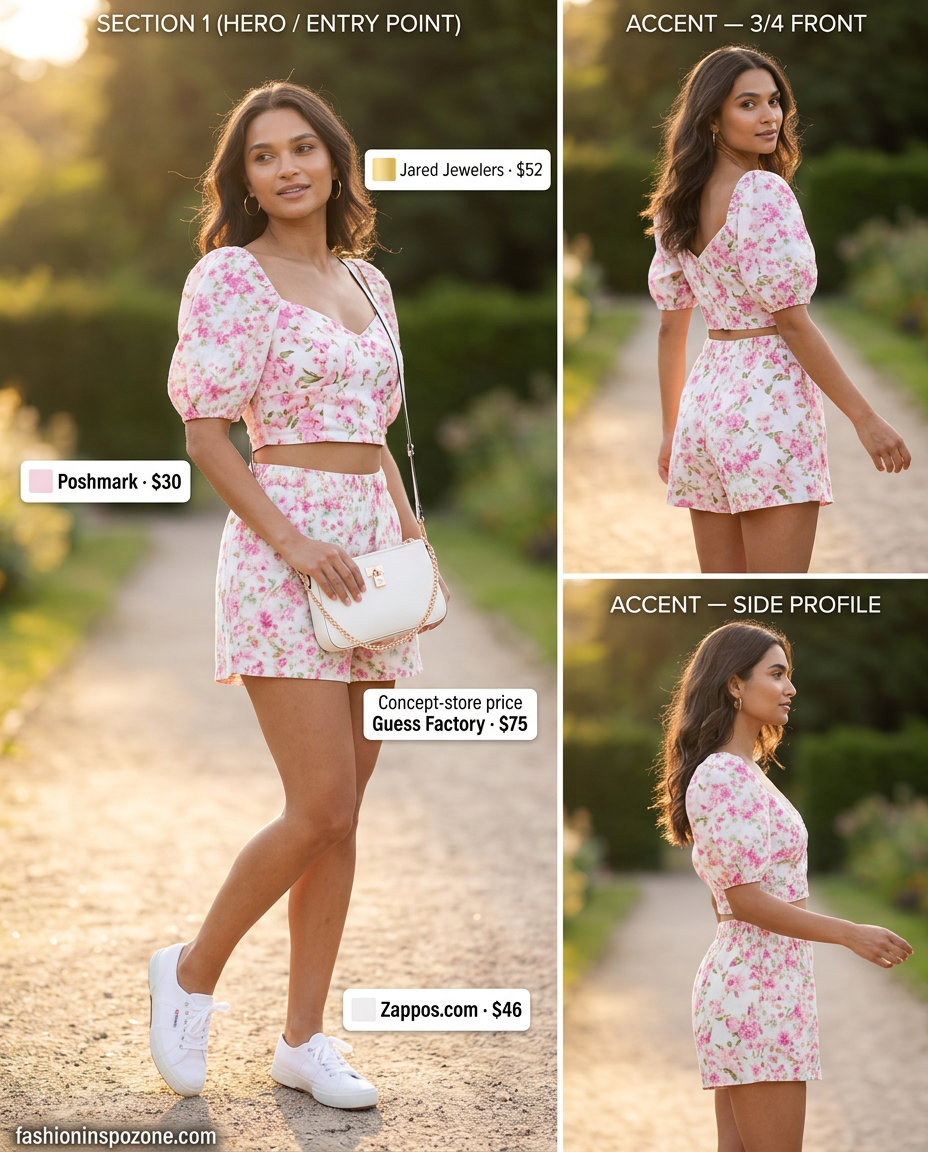 Pastel floral print crop top and shorts set for a playful summer picnic outfit, part of 20 Summer Floral Print Outfits for Women 2026.