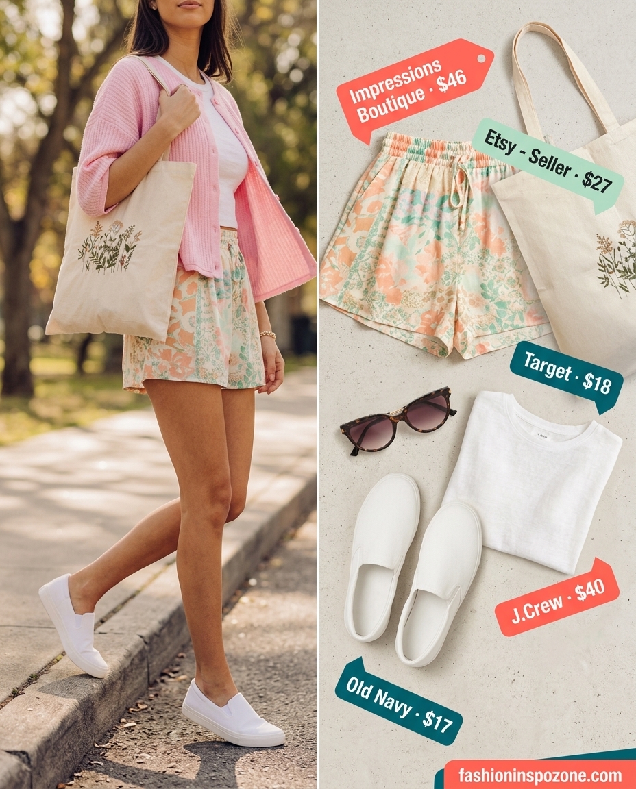 Picnic Perfect Shorts: Peach & mint floral print shorts with white sneakers. 20 Summer Floral Print Outfits 2026.