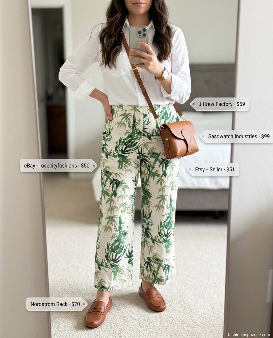 Tailored Floral Trousers: Emerald green floral print pants with white shirt & tan loafers. 20 Summer Floral Print Outfits 2026.