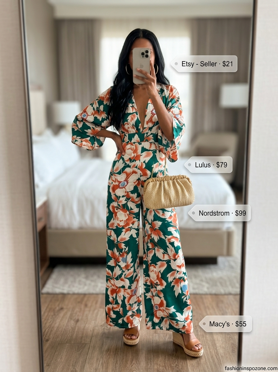 Tropical Escape Jumpsuit: Teal & coral floral print jumpsuit with espadrilles. 20 Summer Floral Print Outfits 2026.