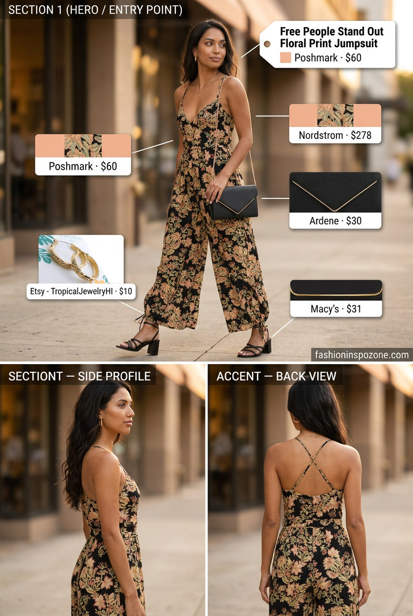 Glamorous tropical floral print jumpsuit for summer parties, a standout in 20 Summer Floral Print Outfits for Women 2026.