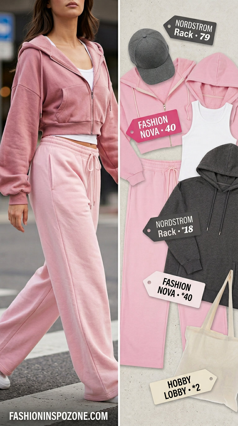 Muted pink joggers and oversized hoodie for comfortable travel or errands. 20 Summer Pink Outfits for Women 2026.
