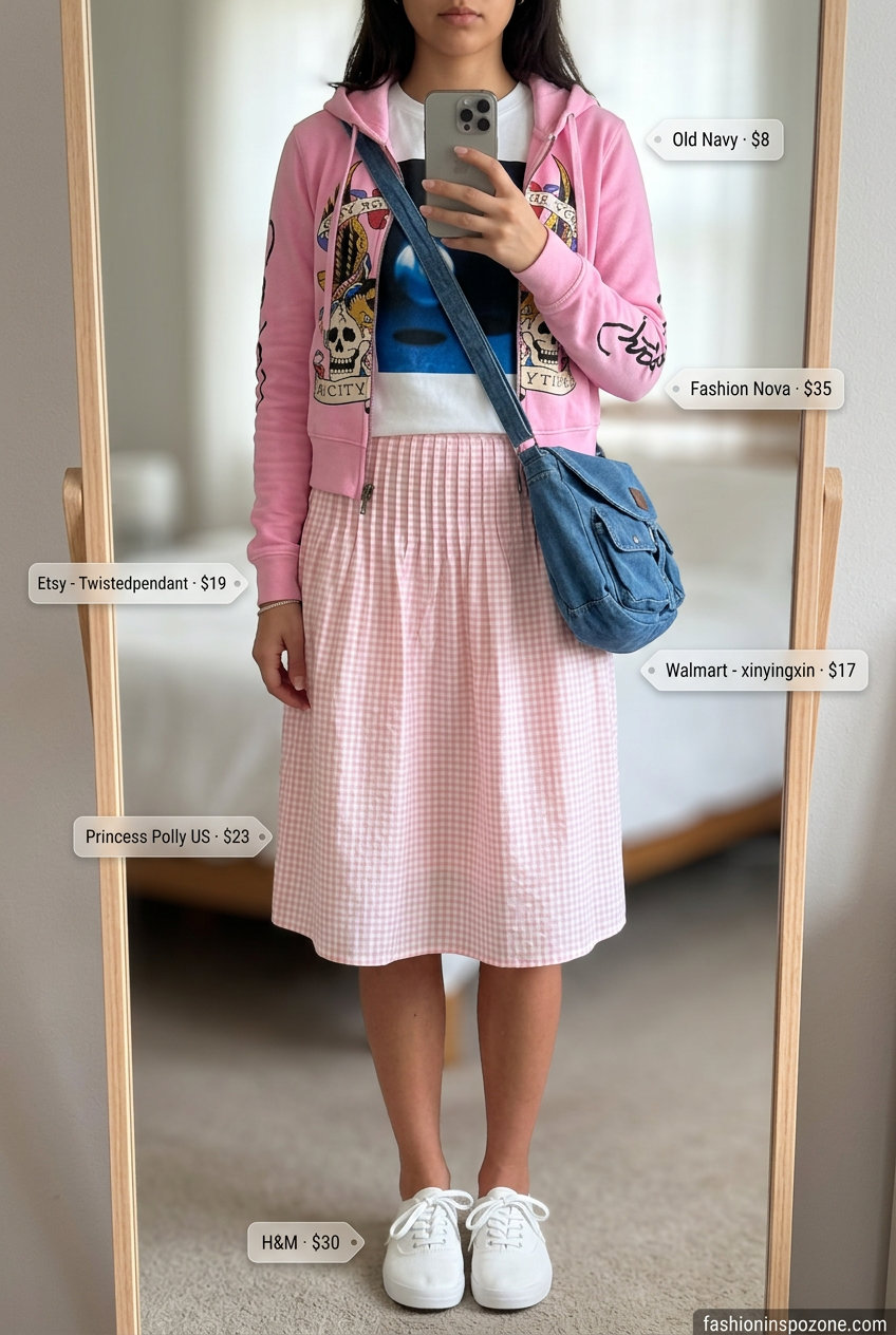 Casual pink gingham midi skirt with a white graphic tee for weekend errands. 20 Summer Pink Outfits for Women 2026.