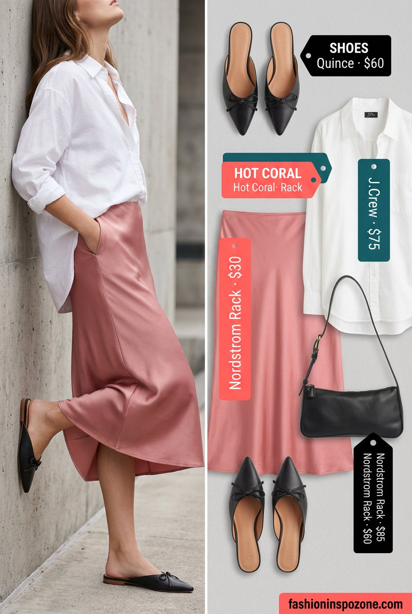 Modern minimalist dusty rose pink satin midi skirt with a white button-down. 20 Summer Pink Outfits for Women 2026.
