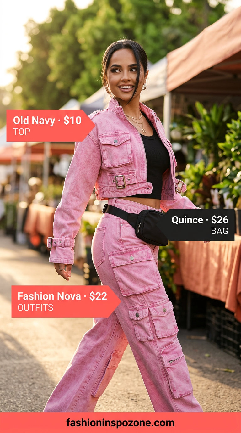 Fun fuchsia pink cargo pants with a black tank for festivals or travel. 20 Summer Pink Outfits for Women 2026.